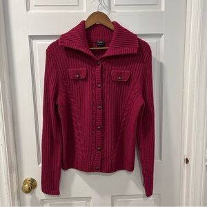 Talbots Women’s Button Up Cardigan Size L Pure Merino Wool Raspberry Red EUC